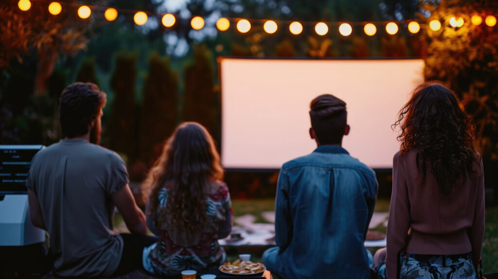 Group of friends from behind, sitting and enjoying an outdoor movie night with a blank screen, surrounded by garden lights at dusk.