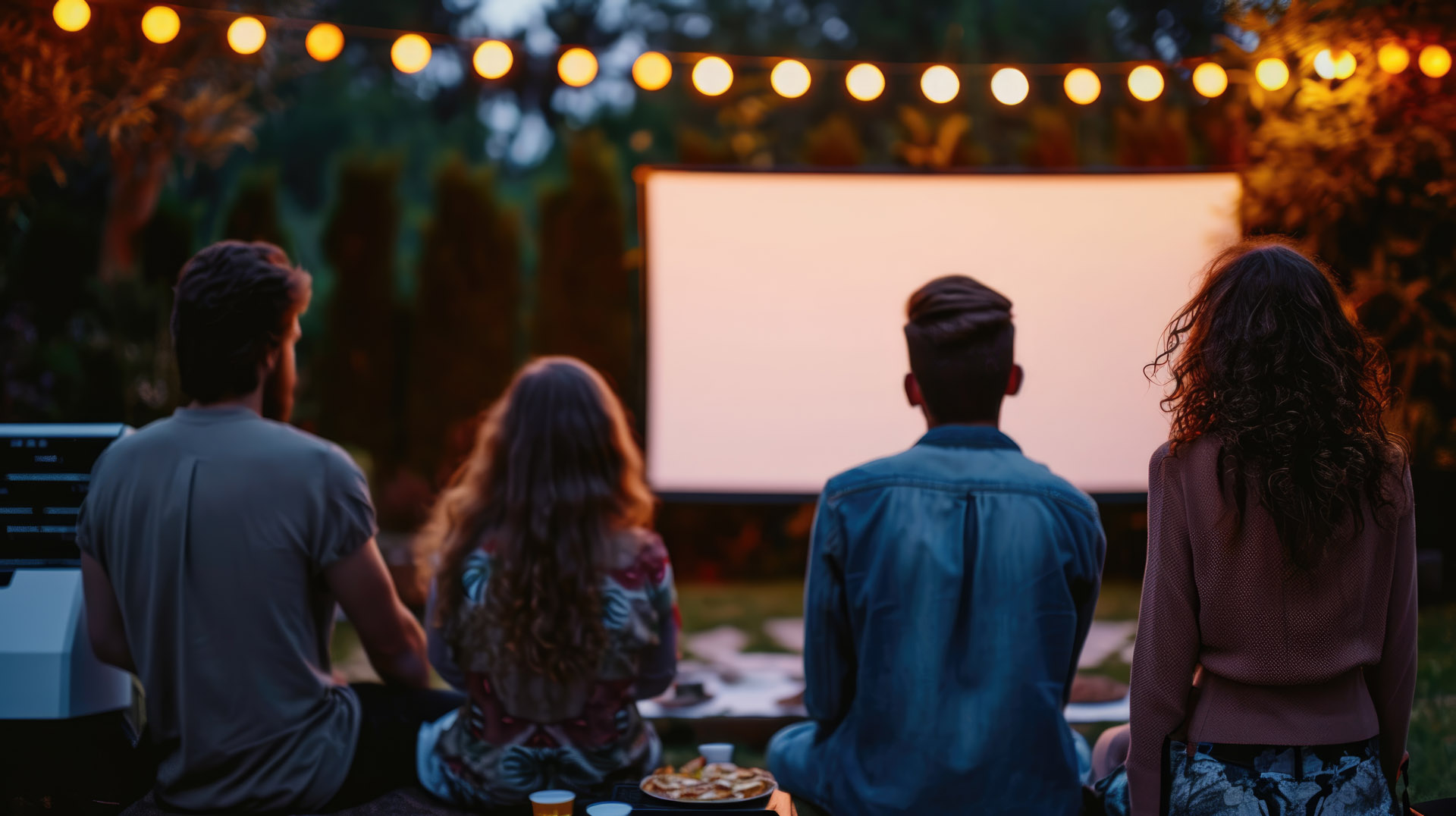 Group of friends from behind, sitting and enjoying an outdoor movie night with a blank screen, surrounded by garden lights at dusk.